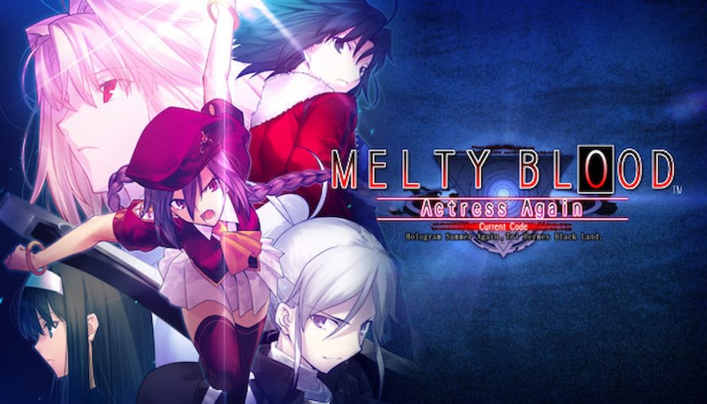 Melty Blood Actress Again Current Code. Characters featured from game on blue background.