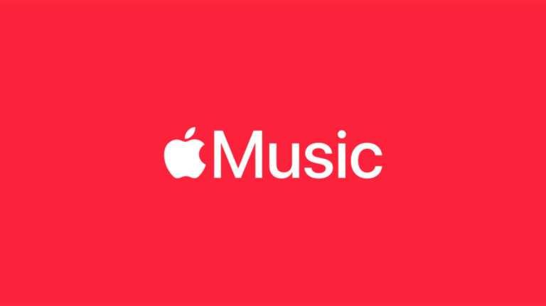 White Apple Music icon on red background