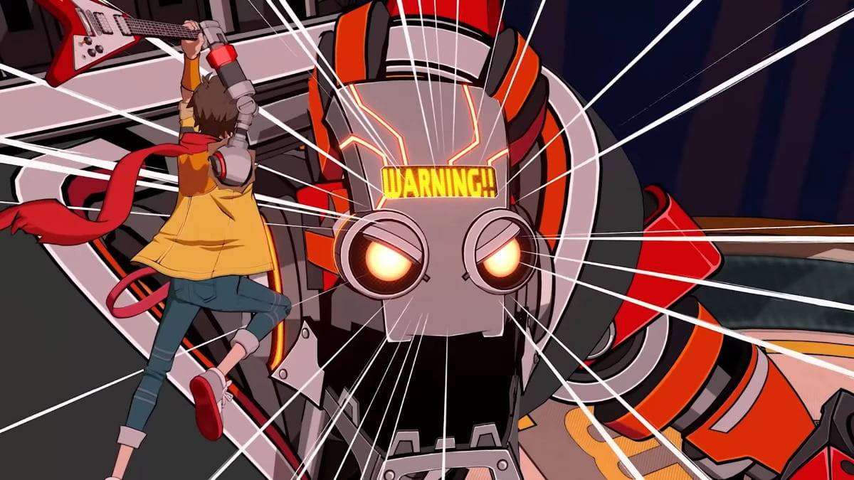 Chai swings his metallic guitar at a giant robot head that reads "WARNING"