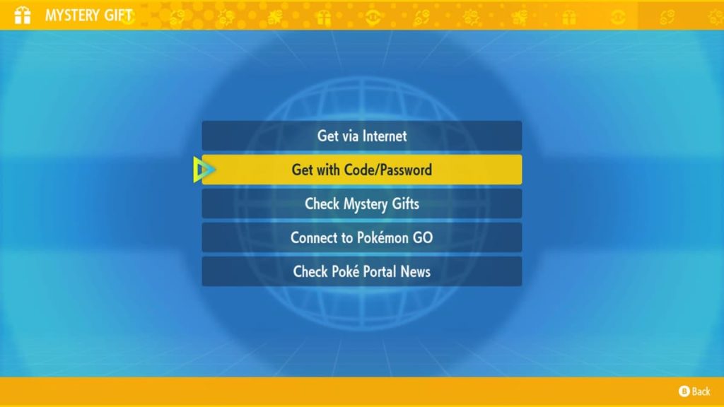 Mystery Gift code menu option