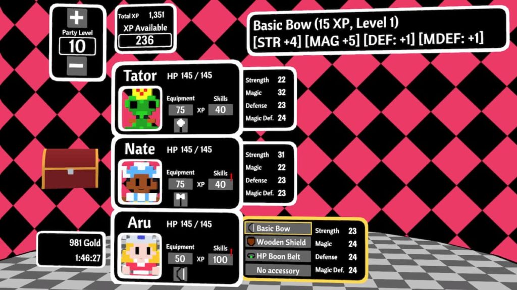 Video Game Fables' stats menu against a checkered background.