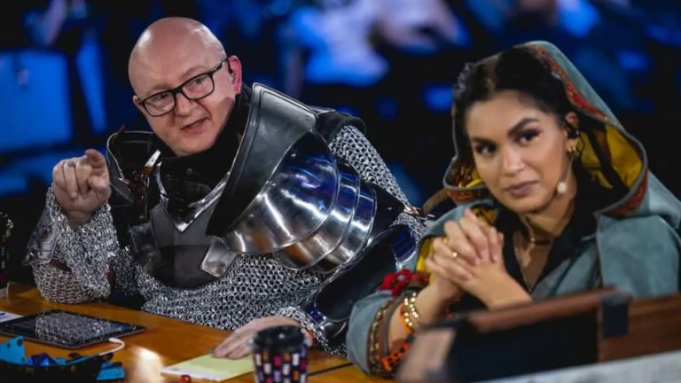 Image provided by Acquisitions Incorporated, featuring: Jerry Holkins, Jasmine Bhullar in their respective character garb playing DnD