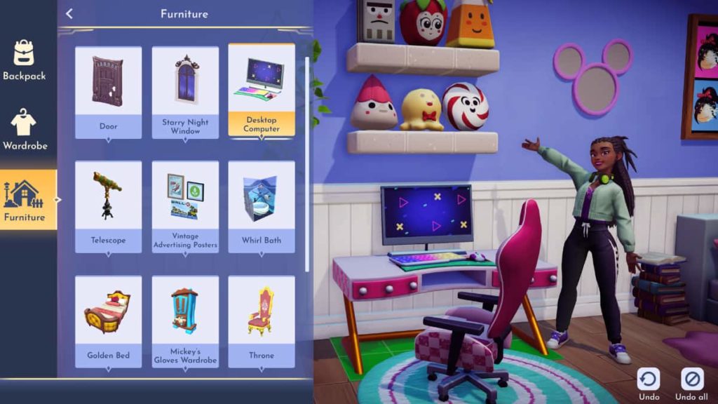 Disney Dreamlight Valley, character's inventory containing furniture