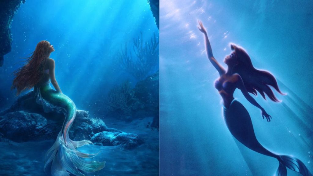 The 1989 and 2023 versions of Disney's Ariel side by side and looking up from the bottom of the ocean to the surface world. 