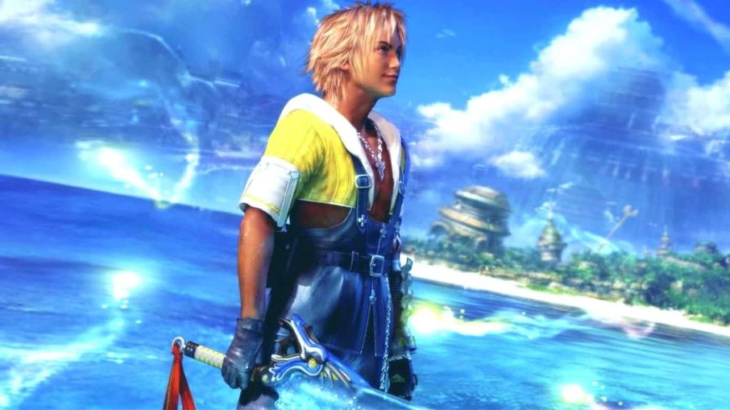 Final Fantasy x main character Tidus stands in a shimmering ocean next to an island.