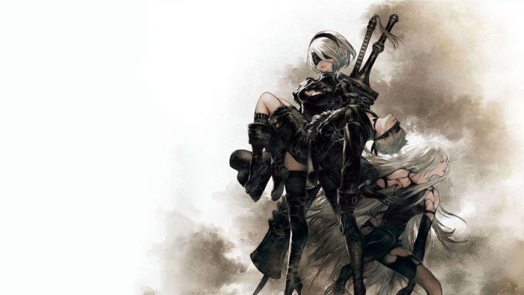 2B is carrying 9S bridal style while another female android, A2, crouches behind them.