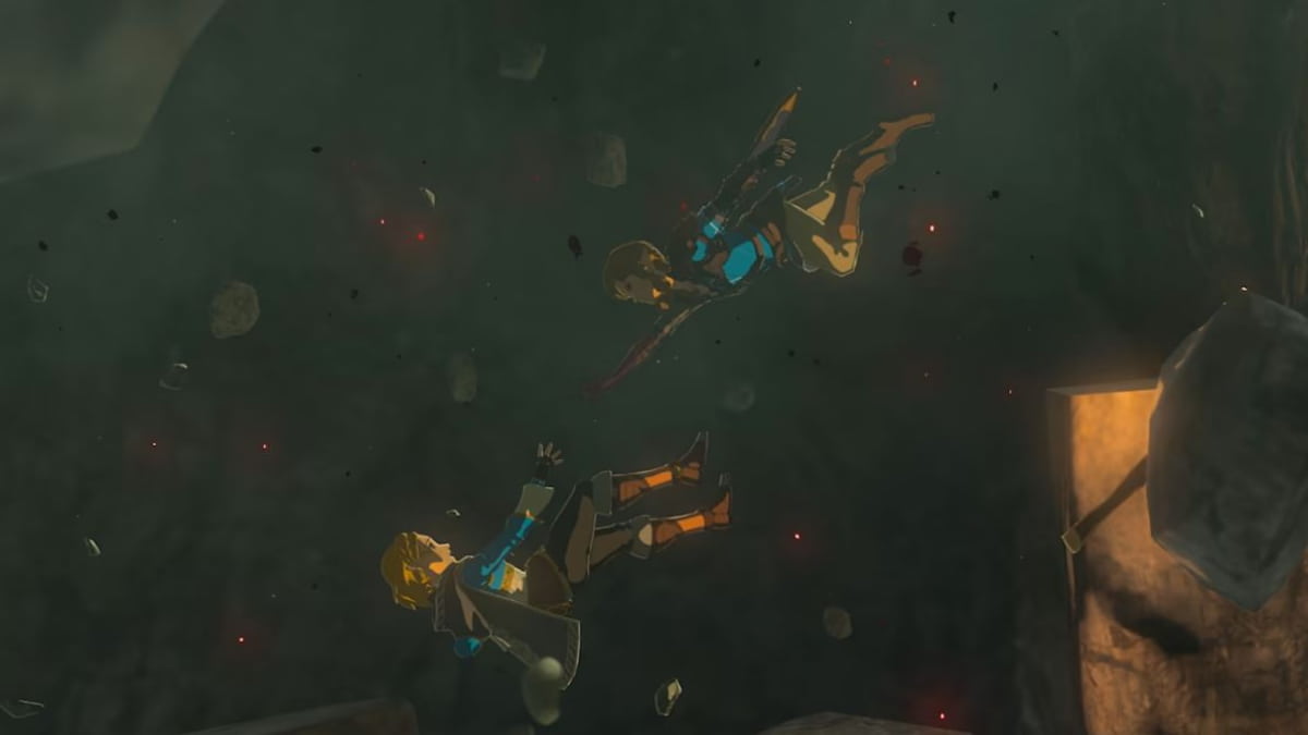 The Legend of Zelda: Tears of the Kingdom, Link reaching out to Zelda as they're falling