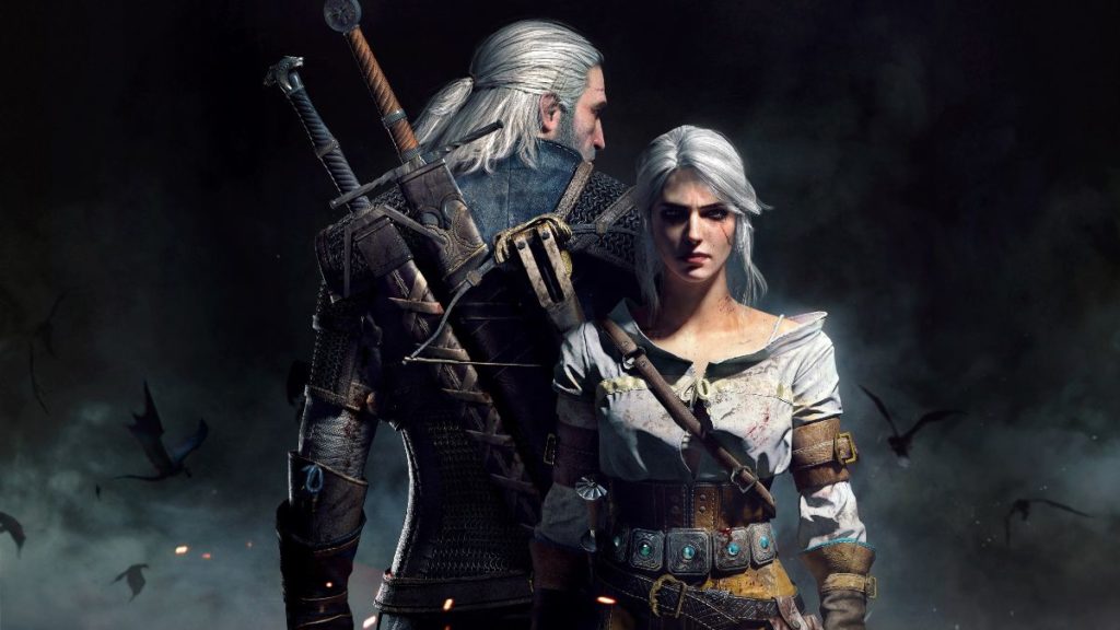 Ciri, a white-haired young woman, stares straight forward while Geralt, a Witcher and her father figure, stands with his back to her and us, just barely looking over his shoulder. 