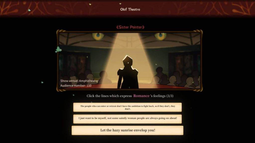 Theater minigame in Volcano Princess, selecting one of three prompts