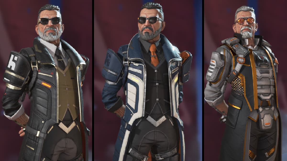 Apex Legends: Ballistic, the new Season 17 character, poses in three of his best character skins.