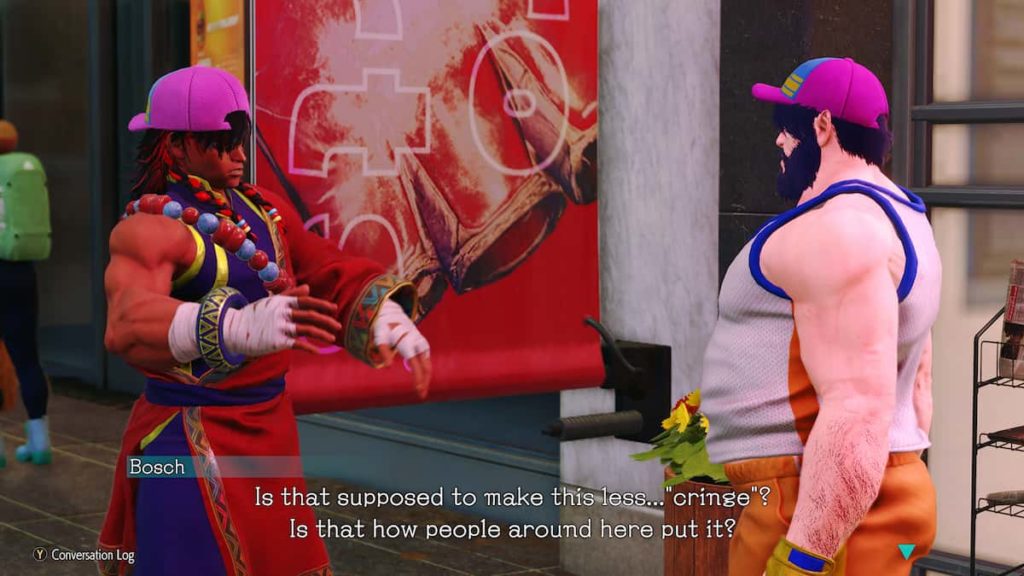 Street Fighter 6: Bosch, the player character's rival / teammate / maybe a secret third thing, wears a tacky pink baseball cap. He asks "Is that supposed to makes this less... 'cringe'? Is that how people around here put it?" 