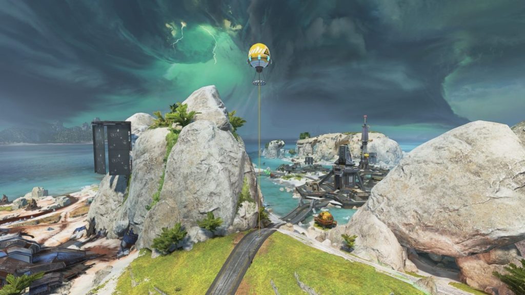 The new Apex Legends survival item, the evac tower, deploys a balloon over a stormy green field.